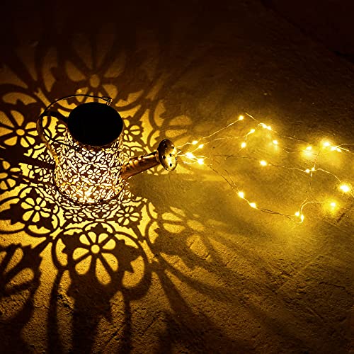 FEELIGHT Solar Lights Outdoor Garden Decorative, Small Watering Can Hanging Kettle Lantern Light Retro Waterproof Copper Solar Twinkle Lights for Backyard Table Patio Yard Pathway Walkway Decor (A)