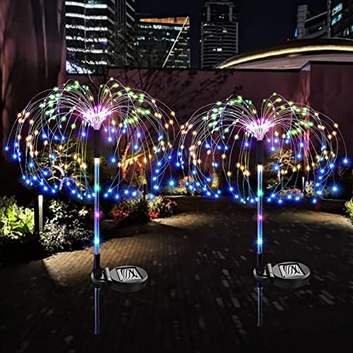 NMM Solar Fireworks Lights Outdoor Waterproof, 2 Pack 120 LED Solar Garden Lights, 2 Lighting Modes 40 Copper Wires String DIY Light for Garden, Patio, Yard, Party Wedding Decorative (Colorful)