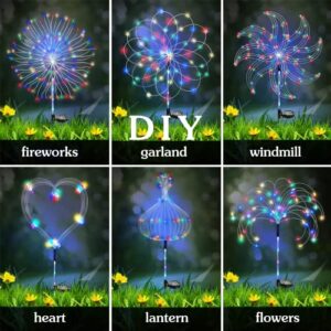 NMM Solar Fireworks Lights Outdoor Waterproof, 2 Pack 120 LED Solar Garden Lights, 2 Lighting Modes 40 Copper Wires String DIY Light for Garden, Patio, Yard, Party Wedding Decorative (Colorful)