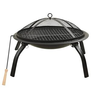 2-in-1 fire pit and bbq,22″ wood burning firepit,three-legged folding steel brazier,outdoor stove bowl with spark screen cover,cooking grid and fire poker, for outside camping patio garden-black2