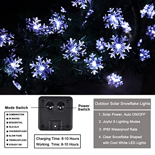 Ohwewant 30Ft 50LED Solar Christmas Lights Outdoor Waterproof, 8 Modes Solar Snowflake Lights Outdoor for Outdoor Christmas Decoration Wreath Garland Garden Yard Patio