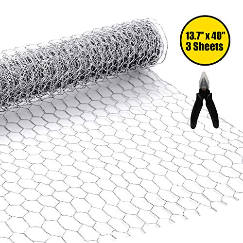 BSTWM Chicken Wire Net for Craft Projects,3 Sheets Lightweight Galvanized Hexagonal Wire 13.7 Inches x 40 Inches x 0.63 Inch Mesh,with 1 Mini Wire Cutting Pliers-10 Feet(3 Sheets)
