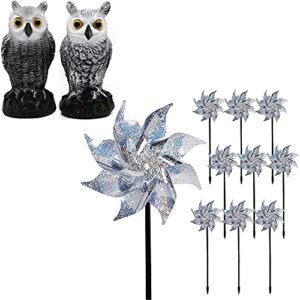 hausse 2 pack fake horned owl | 10 pack reflective pinwheels with stakes