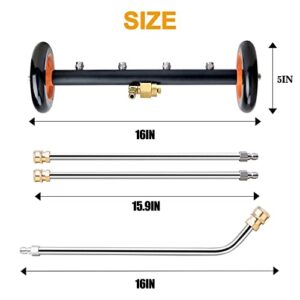 EVEAGE 2-in-1 Pressure Washer Undercarriage Cleaner Water Broom, 16" Surface Cleaner Power Washer Attachment with 4 Nozzles 3 Extension Rods and QC Pivot Coupler Extra Wash Mitt, 4000 PSI