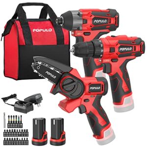 12v cordless power tool combo kits, 3-1/2″ brushless electric mini chainsaw, 3/8″ power drill driver, 1/4″ impact driver set with 2pcs 2.0ah lithium batteries for household projects and diy (3-tool)