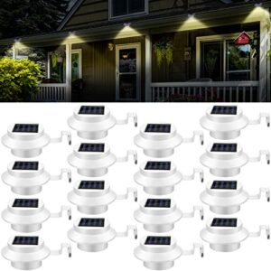 16 pcs solar powered led gutter lights 3 led deck gutter solar lights outdoor waterproof led garden yard wall lamp with bracket for fence wall stair step landscape pathway, white light and warm light