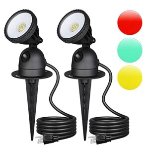 edishine spotlights outdoor with 3 lenses (red yellow green), dusk to dawn plug in spotlight outdoor, 120v 12w outdoor led spotlights with 3 ft extension cord, ul listed, 2 pack