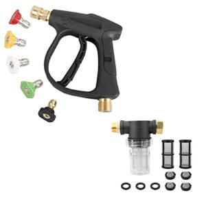 sooprinse high pressure washer gun,3000 psi max with 5 color quick connect nozzles, garden hose inlet filter for high pressure washer, sediment filter attachment
