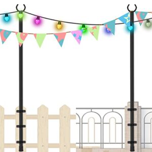 rinlain outdoor string light poles 2 pack, 8.3ft height adjustable metal stand pole with hooks for hanging string lights，garden, backyard, patio lighting stand for parties, wedding (black)