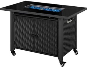 topeakmart fire pit 43in propane fire pit table 50,000 btu with wicker base, extra storage space, tempered glass tabletop, fire glass beads and protective cover for patio/yard/garden