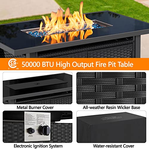 Topeakmart Fire Pit 43in Propane Fire Pit Table 50,000 BTU with Wicker Base, Extra Storage Space, Tempered Glass Tabletop, Fire Glass Beads and Protective Cover for Patio/Yard/Garden