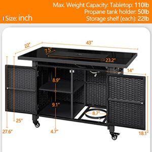 Topeakmart Fire Pit 43in Propane Fire Pit Table 50,000 BTU with Wicker Base, Extra Storage Space, Tempered Glass Tabletop, Fire Glass Beads and Protective Cover for Patio/Yard/Garden