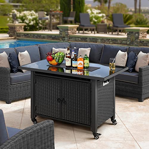 Topeakmart Fire Pit 43in Propane Fire Pit Table 50,000 BTU with Wicker Base, Extra Storage Space, Tempered Glass Tabletop, Fire Glass Beads and Protective Cover for Patio/Yard/Garden