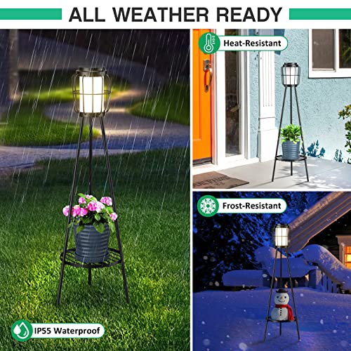 2 Pack Solar Lights Outdoor with Plant Stands, Solar Floor Lamp, Solar Powered Street Lights Metal Tripod Deck Lights for Garden Yard Pathway Driveway Porch