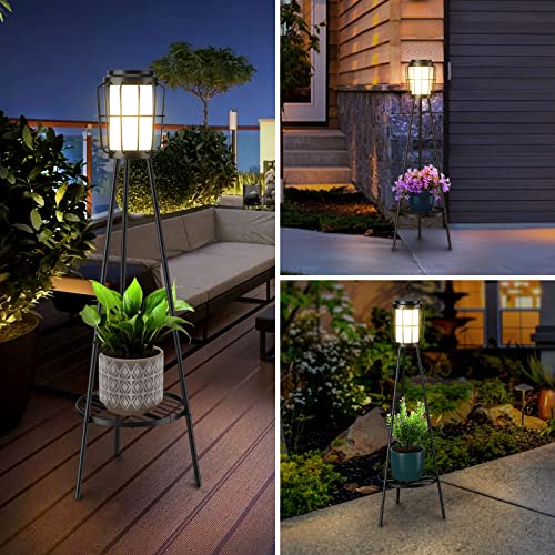 2 Pack Solar Lights Outdoor with Plant Stands, Solar Floor Lamp, Solar Powered Street Lights Metal Tripod Deck Lights for Garden Yard Pathway Driveway Porch