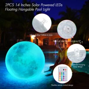 14'' Floating Pool Lights - 2 Pack Hangable Solar Moon Lights with Remote, Dimmable & Timer Inflatable Pool Lights that Float, Above Ground Glow Pool Balls for Pool, Party, Garden, Christmas Decor