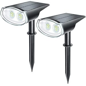 solar spot lights outdoor waterproof ip68, anxbbo 16 led solar landscape spotlights with 3 light modes, dusk-to-dawn solar powered lights for yard, garden, fence, pathway – 2 pack(cool white)