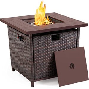 yaheetech fire pit 28 in propane fire pit table 50,000 btu wicker gas fire pit table w/weatherproof pe rattan frame and fire glass for outdoor patio garden backyard, smokeless gas firepit table