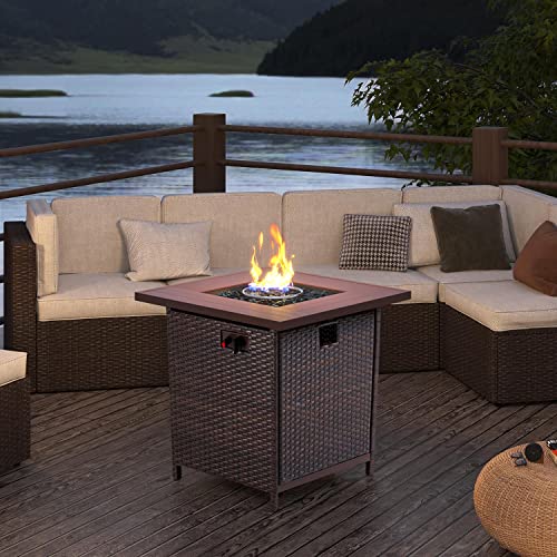 Yaheetech Fire Pit 28 in Propane Fire Pit Table 50,000 BTU Wicker Gas Fire Pit Table w/Weatherproof PE Rattan Frame and Fire Glass for Outdoor Patio Garden Backyard, Smokeless Gas Firepit Table