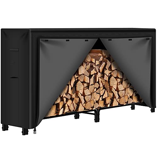 Amagabeli 8ft Firewood Log Rack with Cover Combo Set Waterproof Outdoor Log Holder for Fireplace Heavy Duty Wood Stacker for Patio Logs Pit Storage Steel Tubular Wood Pile Rack Tool Accessories Black