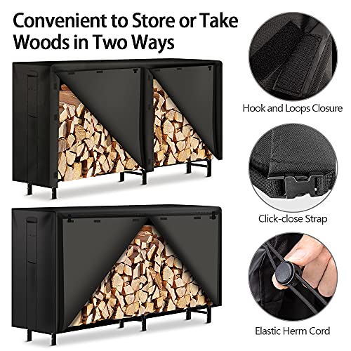 Amagabeli 8ft Firewood Log Rack with Cover Combo Set Waterproof Outdoor Log Holder for Fireplace Heavy Duty Wood Stacker for Patio Logs Pit Storage Steel Tubular Wood Pile Rack Tool Accessories Black