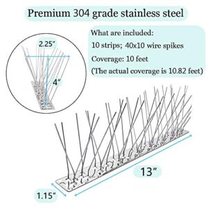 PANGCH Bird Spikes for Pigeons Small Birds,Stainless Steel Bird Spikes -No More Bird Nests & Poop-Disassembled Spikes 10 Strips 10.82 Feet Coverage