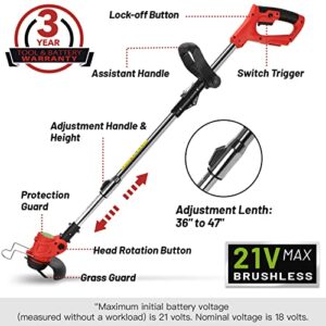 Cordless Trimmer Weed MowerTrimmer,Lightweight 3-IN-1 with Edger Tool,Mower for Garden and Yard, ,3 Kinds of Blades,Liiion Battery ,21V 2Ah ,Red