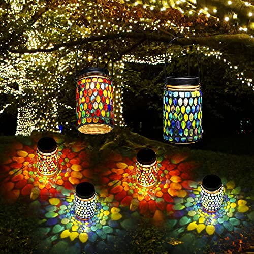 Zhehao 6 Pieces Outdoor Lanterns Waterproof Solar Powered Mosaic Lights Christmas Garden Lanterns Solar Mosaic Lamp Lanterns for Christmas Holiday Garden Yard Patio Pathway Decoration, Blue, Red