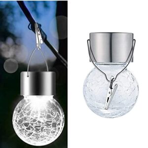 1pc hanging solar light outdoor,mini cracked glass ball lawn solar powered pathway outdoor decorative hanging ball light,for garden,yard,patio,tree,holiday party decoration(white)
