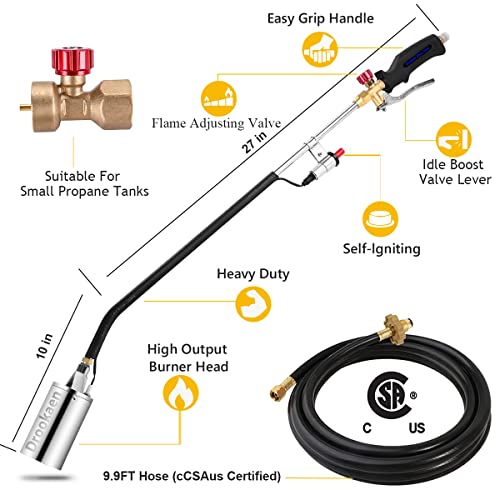 Propane Torch Weed Burner Kit, Weed Burner Torch Self Igniting with 9.9 FT Hose Plus 1 LB Propane Adapter, High Output 700,000 BTU Propane Weed Torch for Roofing,Ice Snow,Road Marking,Charcoal