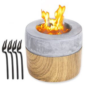 nocoal tabletop fire pit with roasting forks – indoor/outdoor mini fireplace – perfect for smores – clean burning, real flame, concrete bonfire bowl fuelled with rubbing alcohol or bioethanol fuel