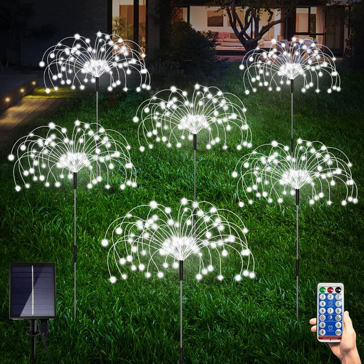 6 Pack Outdoor Solar Garden Lights, Solar Firework Lights,120 LED Waterproof Solar Lamps Decorative, Fireworks Lamp, 8 Modes Landscape Lights with Remote for Pathway Backyard Walkway Patio(Cool White)