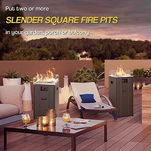 BALI OUTDOORS 15 inch Gas Fire Pit, Outside Propane Firebowl with Glass Wind Guard, Patio Square Fireplace with Fire Glass Stone for Backyard, Garden and Terrace