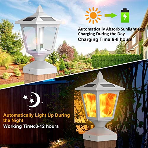 HENRE Solar Post Light,Outdoor Deck Fence Post Cap Flame Light,Waterproof 4x4 5x5 6x6 Black Post Top LED Light,2 Pack 3.5x3.5 Decorative Garden Solar Powered Flickering Light