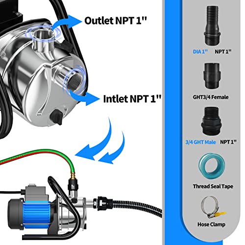 BOSEN Portable Shallow Well Pump - 1.6HP Steel Electronic Pressure Garden Pump, Power 1200W/1.6HPWater Transfer Draining Irrigation Pump for Home Lawn or Garden.