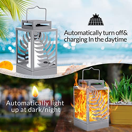 Walensee Solar Lights Outdoor with Flickering Flame (2Pack Grey) Upgrade Metal Solar Powered Lantern Landscape Leaf Decorative Hanging Lighting Waterproof LED Umbrella Light for Patio Garden Deck Yard