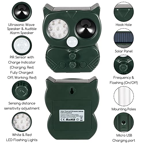 Ultrasonic Animal Repellent,Jahy2Tech Solar Animal Repeller with PIR Sensor Flashing Lights Alarm Sound for Garden,Yard,Attic-Scare Away Voles,Cats,Dogs,Mice,Rat,Rodents,Birds