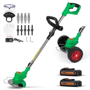 cordless weed eater grass trimmer,3-in-1 lightweight push lawn mower & edger tool with 3 types blades,21v 2ah li-ion battery powered for garden and yard (green)