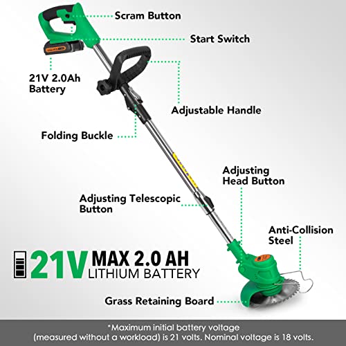 Cordless Weed Eater Grass Trimmer,3-in-1 Lightweight Push Lawn Mower & Edger Tool with 3 Types Blades,21V 2Ah Li-Ion Battery Powered for Garden and Yard (Green)