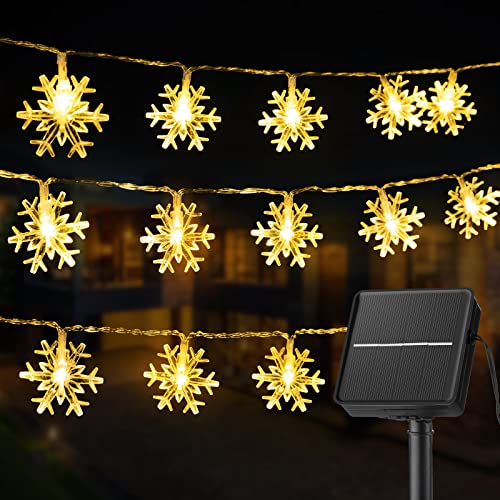 Solar Snowflake String Lights Outdoor Waterproof 100 Led 32.9 Feet Fairy Lights with 8 Lighting Modes for Wedding, Party, Garden, Patio, Yard, Home (Warm White)