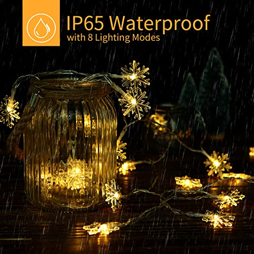 Solar Snowflake String Lights Outdoor Waterproof 100 Led 32.9 Feet Fairy Lights with 8 Lighting Modes for Wedding, Party, Garden, Patio, Yard, Home (Warm White)