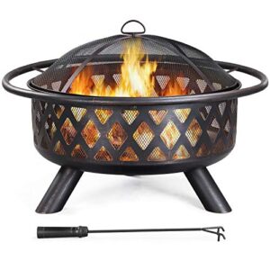 topeakmart 36” outdoor fire pit round steel firepit with mesh screen poker rain cover for backyard garden camping bonfire patio bench, bronze
