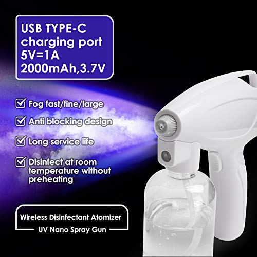 TAISHAN Disinfectant Steam ULV Gun， Handheld Rechargeable Nano Atomizer with Blue Light，10 oz Electric Sprayer Nozzle Adjustable Fogger for Home, Office, School or Garden(300mL)