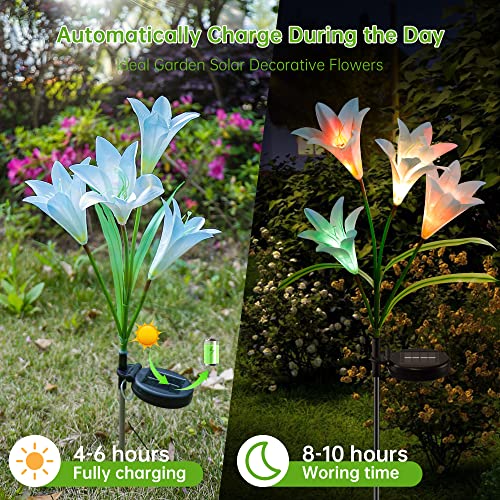 mimigogo Solar Garden Stake Lights,2 Pack Outdoor Waterproof Solar Powered Lights with 8 Lily Flowers, 7 Colors Changing LED Solar Lights for Garden, Patio, Backyard(Blue White)