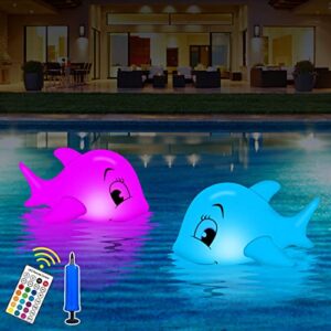 floating pool lights,inflatable dolphins swimming pool lights that float,ip68 waterproof solar powered floating lights glow in the dark,outdoor pool floats lights for pond,garden,backyard,lawn 2-pack