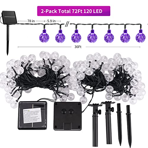 Solar Christmas Lights Outdoor Waterproof, 2 Pack 60 LED 36.5 FT Each, Crystal Globe Lights for Garden Yard Wedding Christmas Party Decor (Purple)