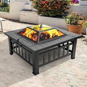 outdoor metal square fire pit, 32″ metal firepit for patio wood burning fireplace square garden stove with charcoal rack, poker & mesh cover for camping picnic bonfire backyard