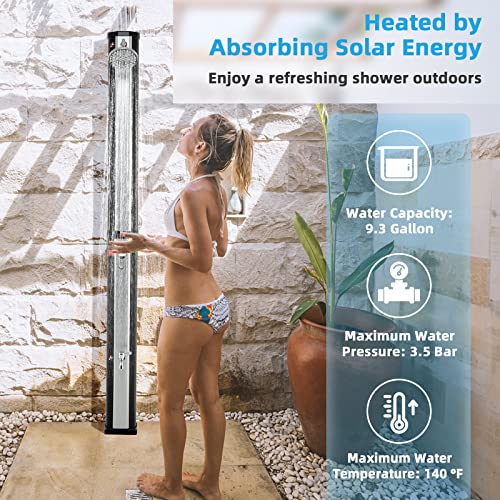 Giantex 7.2 FT 10 Gallon 2-Section Solar-Heated Outdoor Shower, Pool Shower W/Free-Rotating Shower Head, Foot Tap Spigot, Faucet, Temperature and Pressure Adjustment for Backyard, Garden, Beach Spa