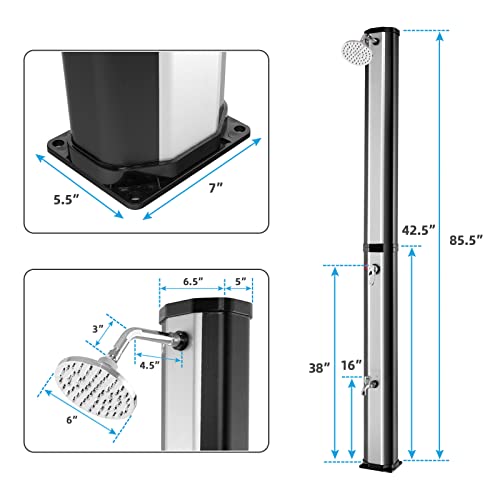 Giantex 7.2 FT 10 Gallon 2-Section Solar-Heated Outdoor Shower, Pool Shower W/Free-Rotating Shower Head, Foot Tap Spigot, Faucet, Temperature and Pressure Adjustment for Backyard, Garden, Beach Spa