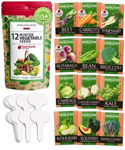 12 winter vegetable seeds – heirloom, non-gmo fall & winter vegetable seeds for planting home garden: bean, beet, broccoli, cabbage, carrot, cauliflower, kale, parsnip, squash, chard & more